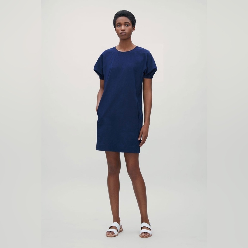 COS Gathered Kimono Sleeve Blue Cotton Dress Size 2